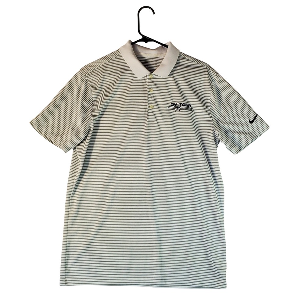 Nike Golf Dri-FIT Polo Shirt Mens Medium White Grey Striped On Tour Star Logo